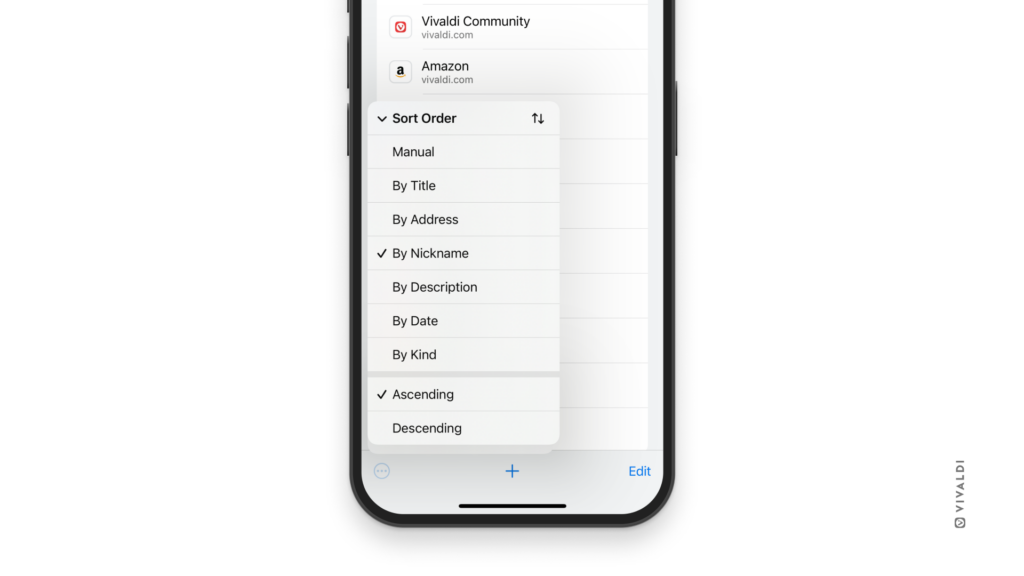 Bookmark sorting menu open in Vivaldi on iOS.