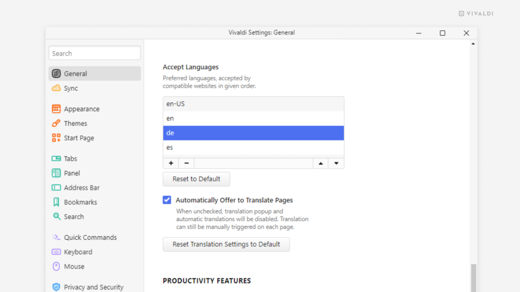 Settings window in Vivaldi with Accepted Languages in focus.