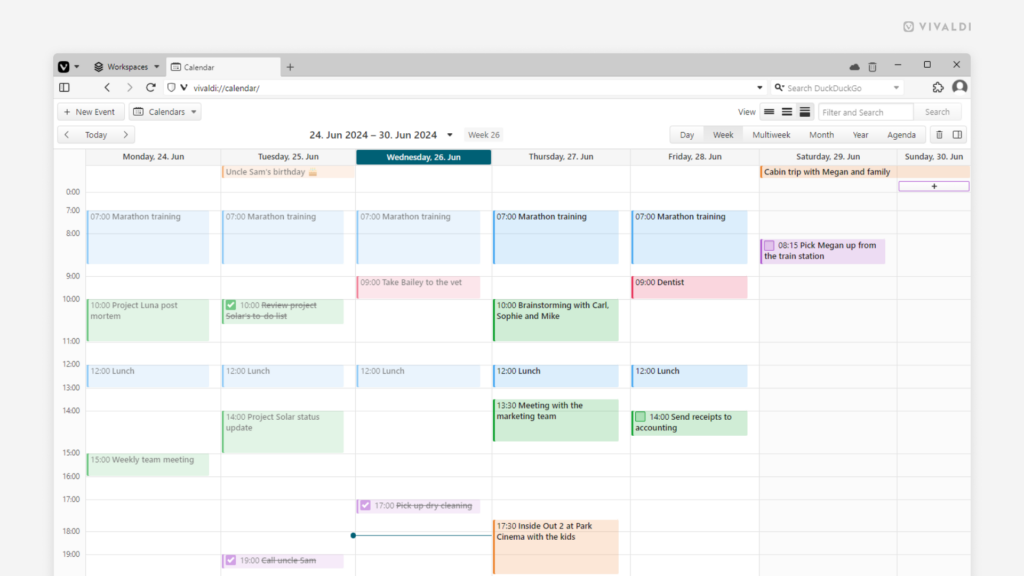 Week view in Vivaldi Calendar with events from Monday to Wednesday faded and the rest in sharp color.