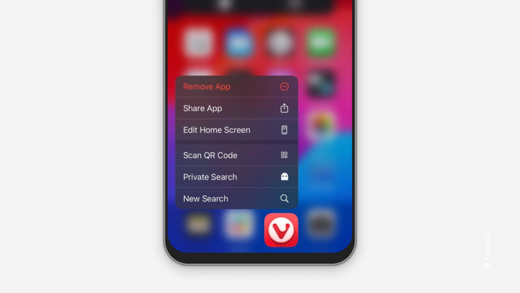 Vivaldi's app context menu on iOS' home screen.