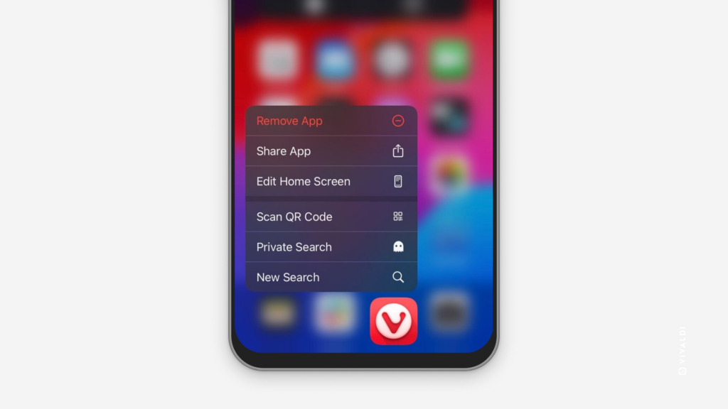 iOS のホーム画面で Vivaldi アプリのコンテキストメニューが開いている