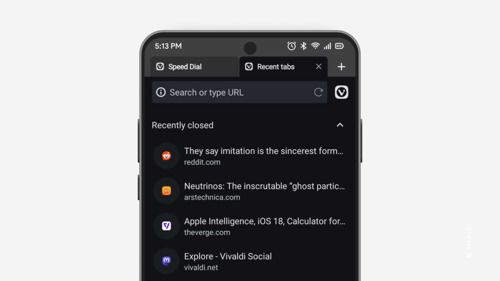 Recently closed tabs menu in Vivaldi on Android.