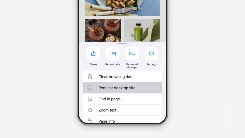 Vivaldi menu on iOS with "Request desktop site" option highlighted.