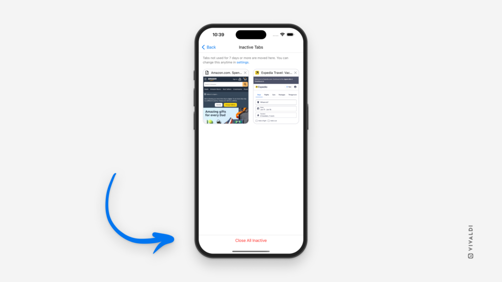 Inactive Tabs list in Vivaldi on iOS with an arrow pointing at the button to close all inactive tabs.