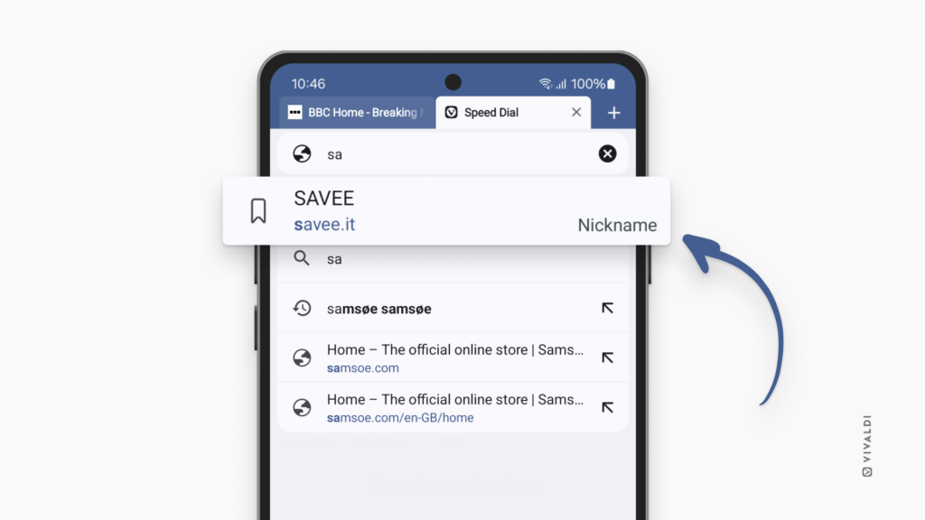 Android 版 Vivaldi のアドレスバーのドロップダウンメニューで矢印がブックマークのニックネームを指している