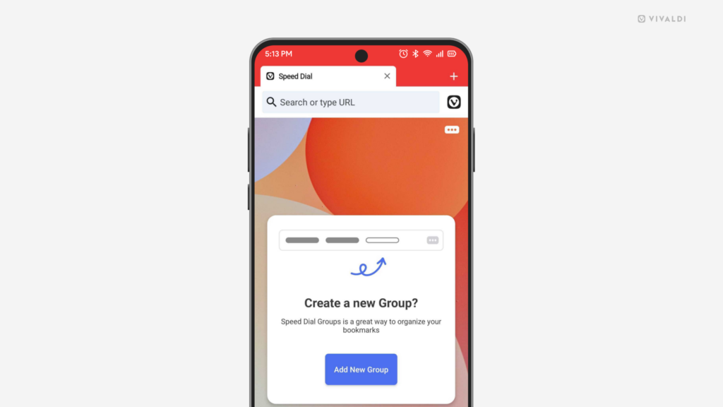 Vivaldi on Android with "Add New Group" prompt displayed on the Start Page.