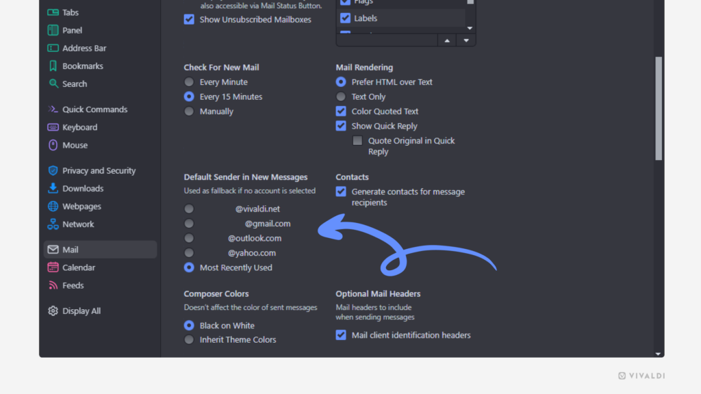 Mail Settings with an arrow pointing to default mail sender setting.