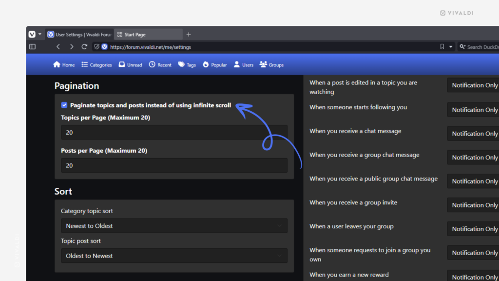 Forum settings page with an arrow pointing at the pagination setting.
