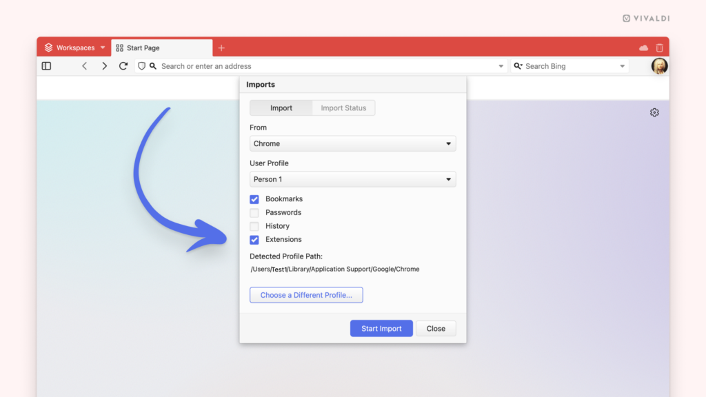 Import dialog open in the Vivaldi browser with an arrow pointing to Extensions.