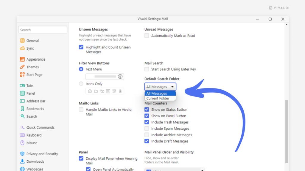 Mail Settings with an arrow pointing at the Default Search Folder setting.