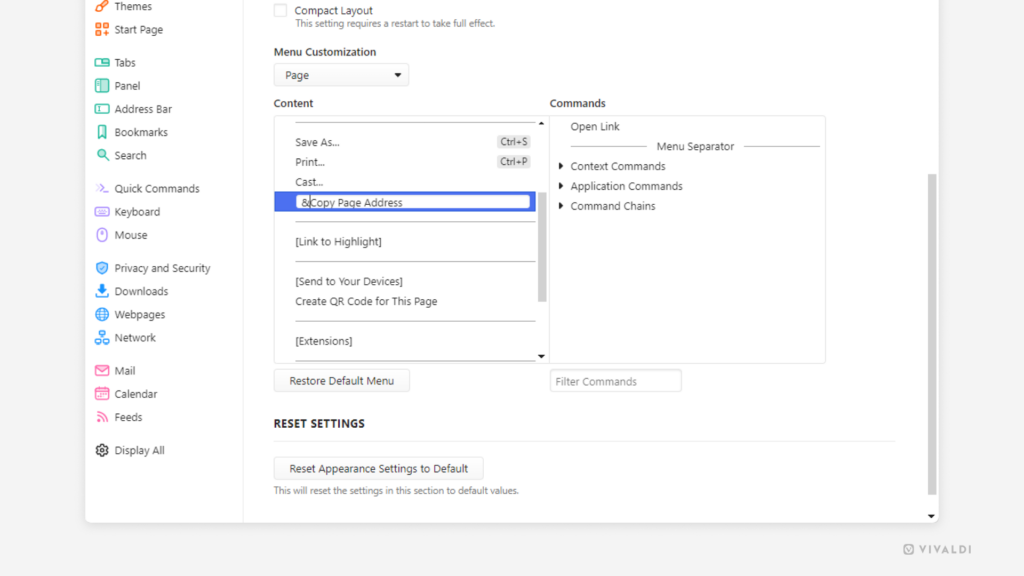 Vivaldi browser's menu customization settings. Copy Page Address menu item is given the anchor in front of the letter C.