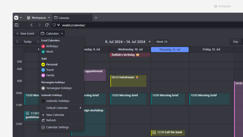 Vivaldi Calendar with the calendar menu open. A couple of calendars have been hidden, while most are still visible,
