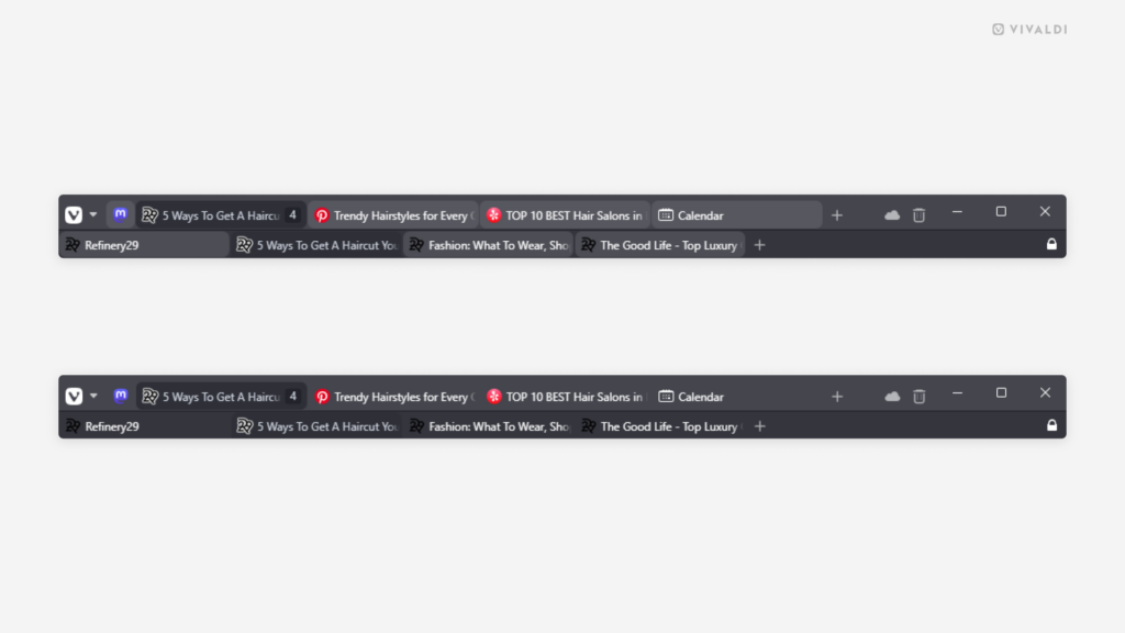 2 Vivaldi Browser's Tab Bars. Top one with Transparent Background Tabs disabled, the bottom one with the setting enabled.