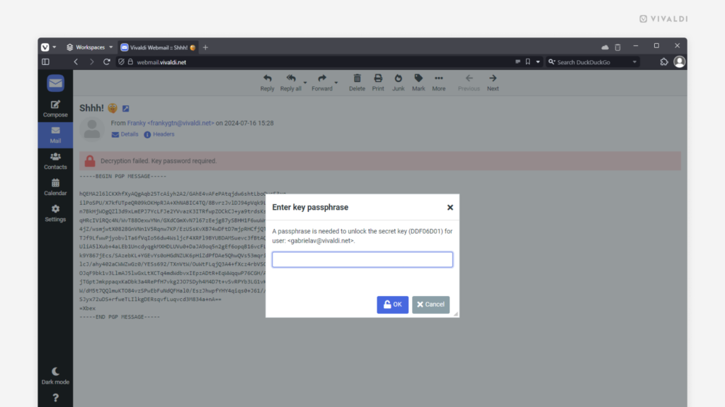 Key passphrase dialog in Vivaldi Webmail shown to decrypt an incoming email.