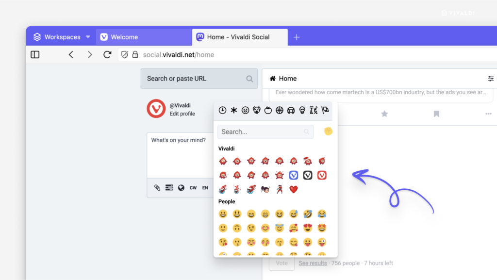 Emoji picker menu on Vivaldi Social. Arrow points at Vivaldi's custom emojis.