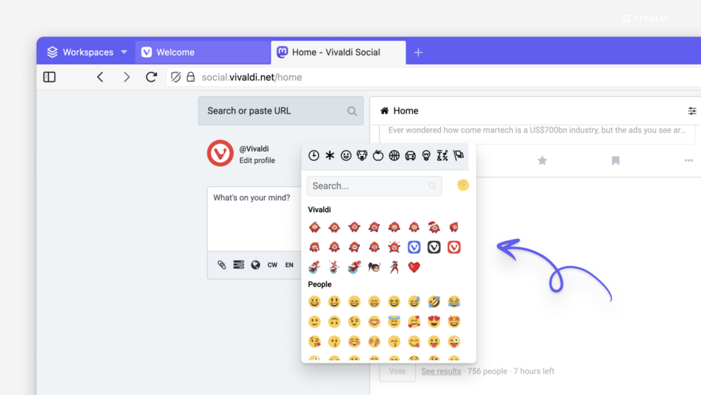 Vivaldi Social で絵文字ピッカーのメニューが開いていて、矢印がカスタムの絵文字を指している