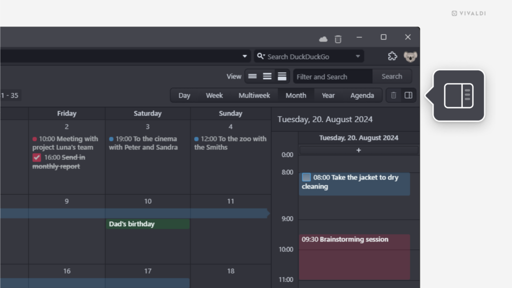 Vivaldi Calendar. Sidebar toggle button is highlighted.