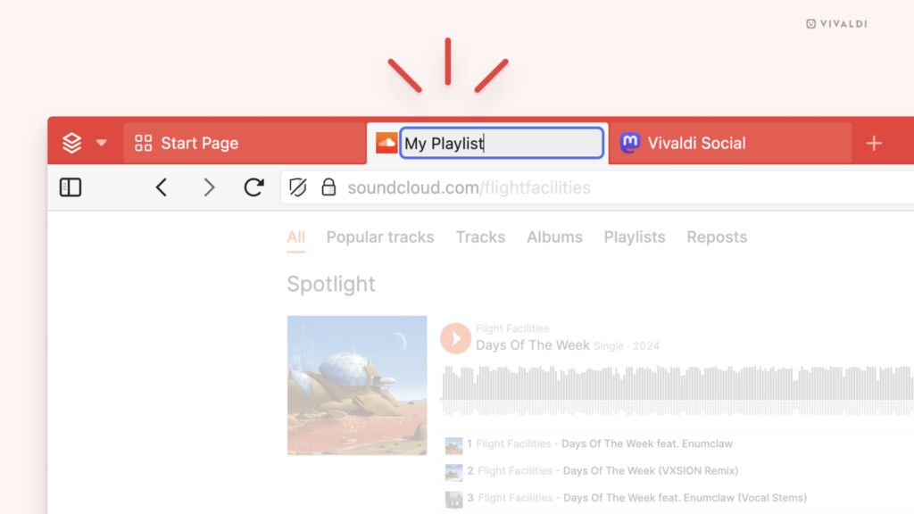 Vivaldi Browser on desktop. A tab on the Tab Bar is being given a new name.