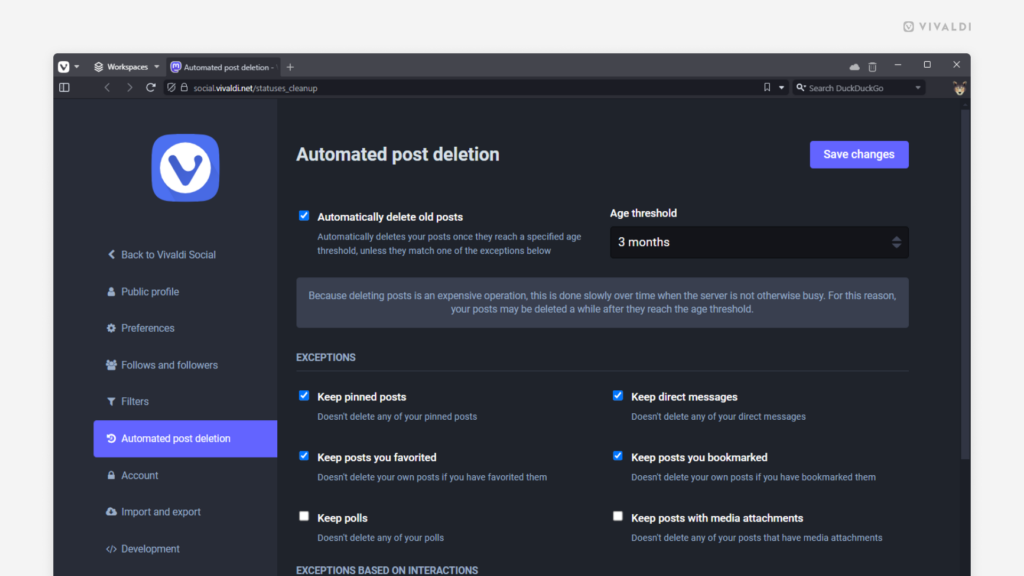 Vivaldi Social's preferences  open on the automatic post deletion page.