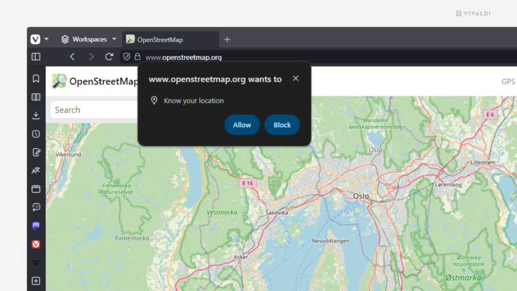 Open Street Maps open in Vivaldi Browser. The website is asking for permission to access the user's location. 