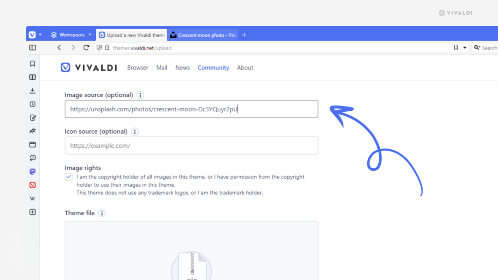Vivaldi Themes upload page. Arrow pointing to image source field.