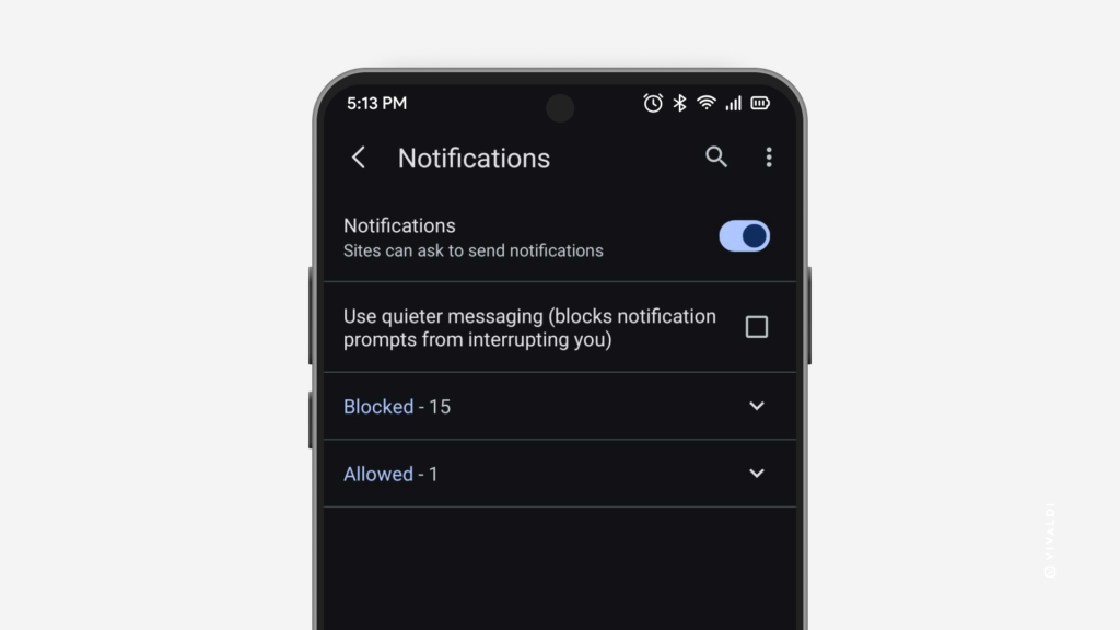 Notification permission settings in Vivaldi on Android.