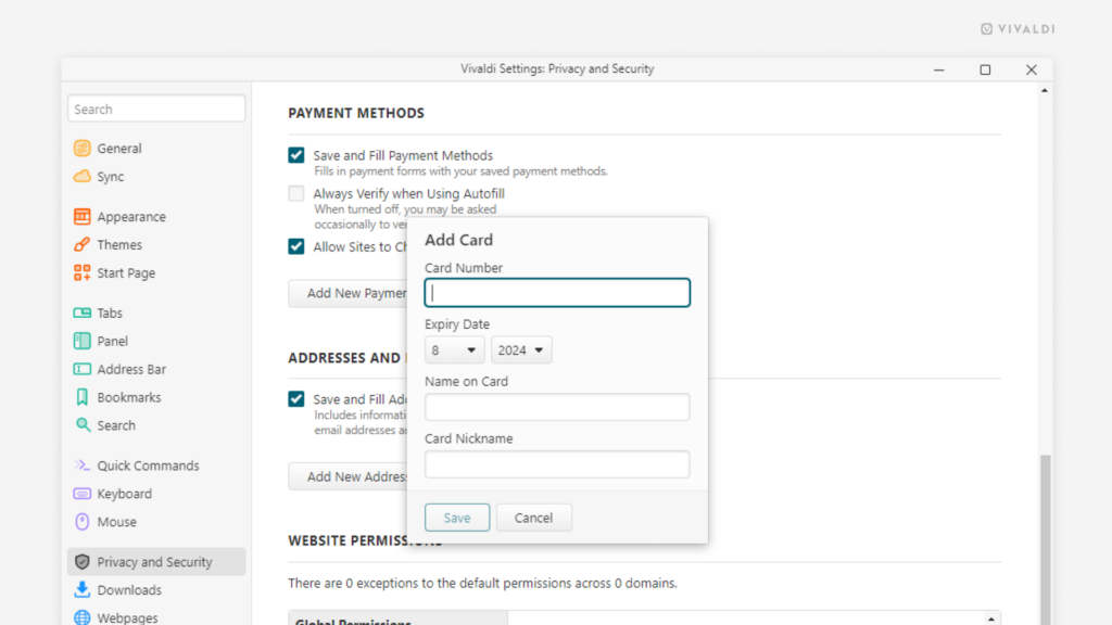 Privacy and Security Settings in Vivaldi Browser showing the form for adding a new payment method. 