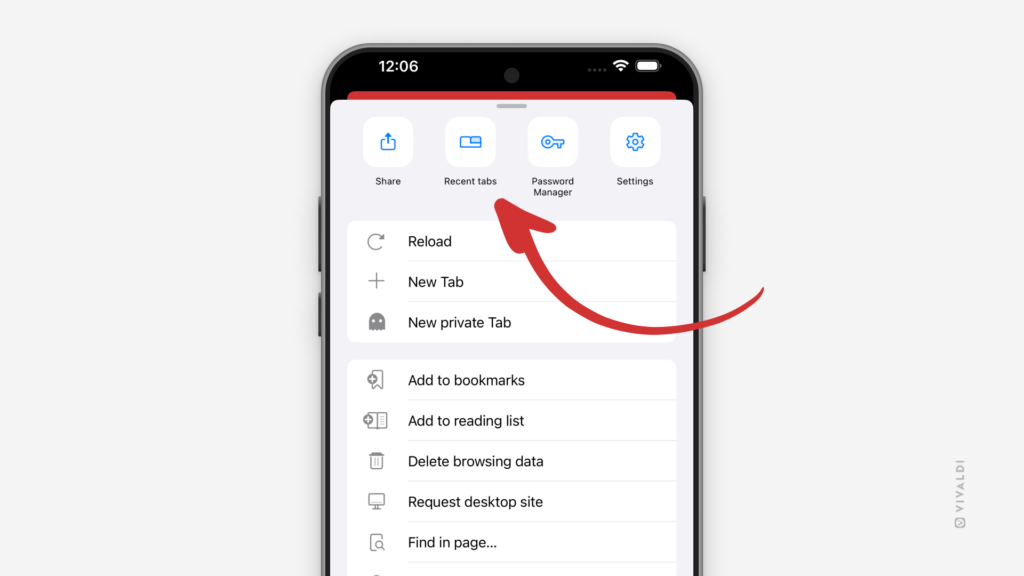 Vivaldi's menu on iOS. An arrow is pointing at the Recent Tabs menu option.
