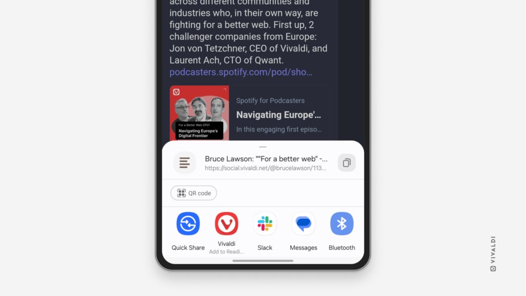 Share menu that is displayed in Vivaldi on Android when sharing a post from Vivaldi Social.