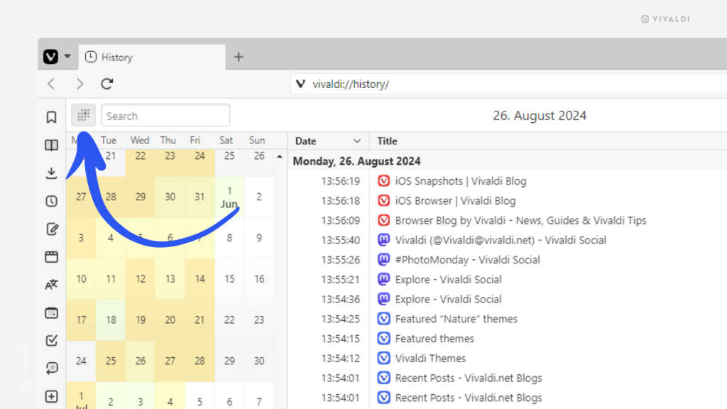 Vivaldi's History Manager. An arrow is pointing at the Day Picker Calendar toggle button.