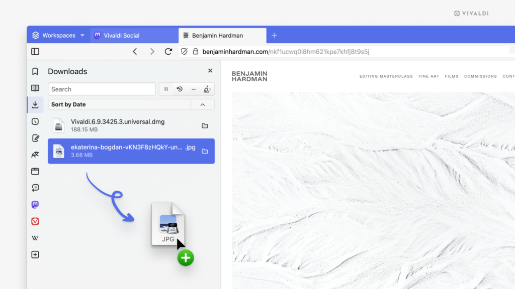 Downloads panel in Vivaldi browser. A file is being dragged out of the panel.