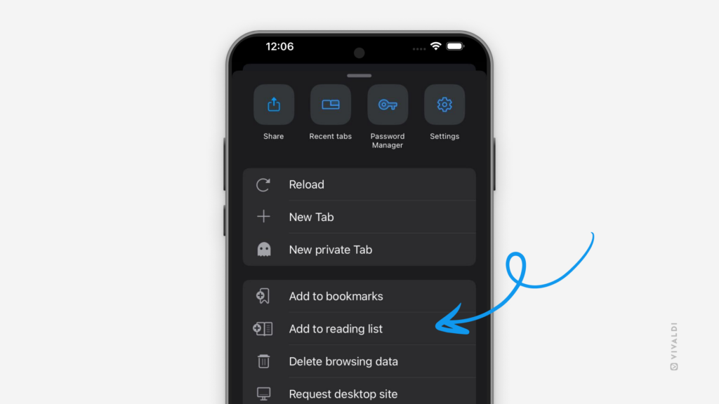 Vivaldi on iOS with the app's main menu open. An arrow points to "Add to Reading List".