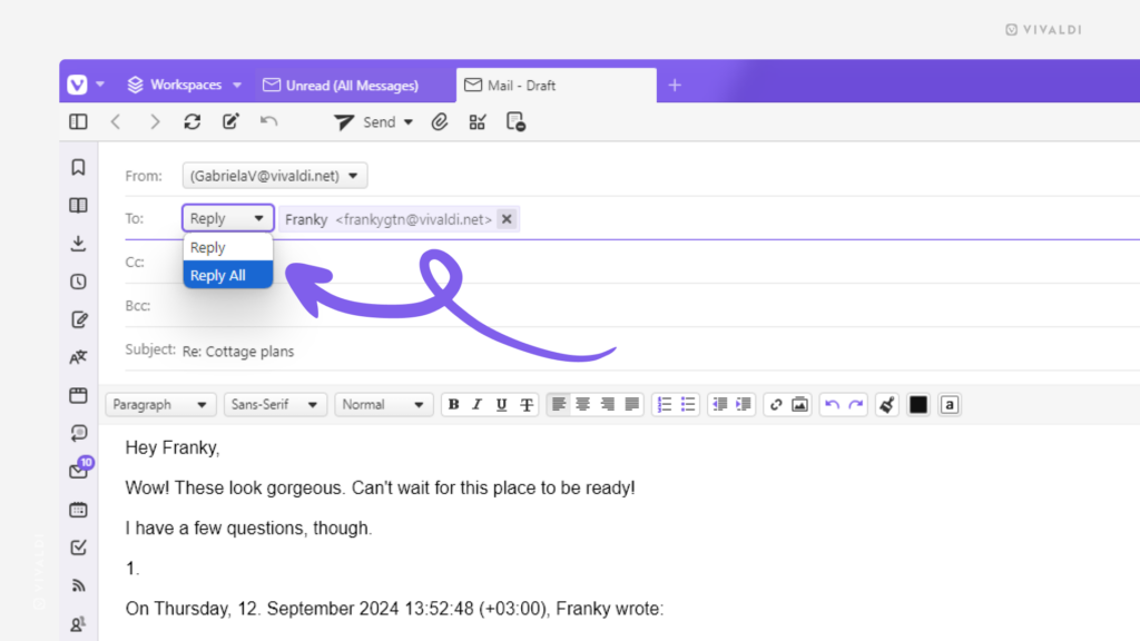 Vivaldi Mail's with an email draft open in the composer. An arrow is pointing at the dropdown menu where you can switch between Reply and Reply All.