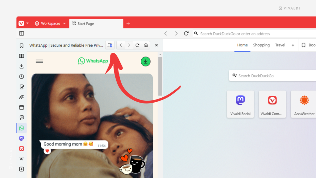 Vivaldi Browser with WhatsApp added as a Web Panel. An arrow is pointing at the button where desktop and mobile views can be switched.