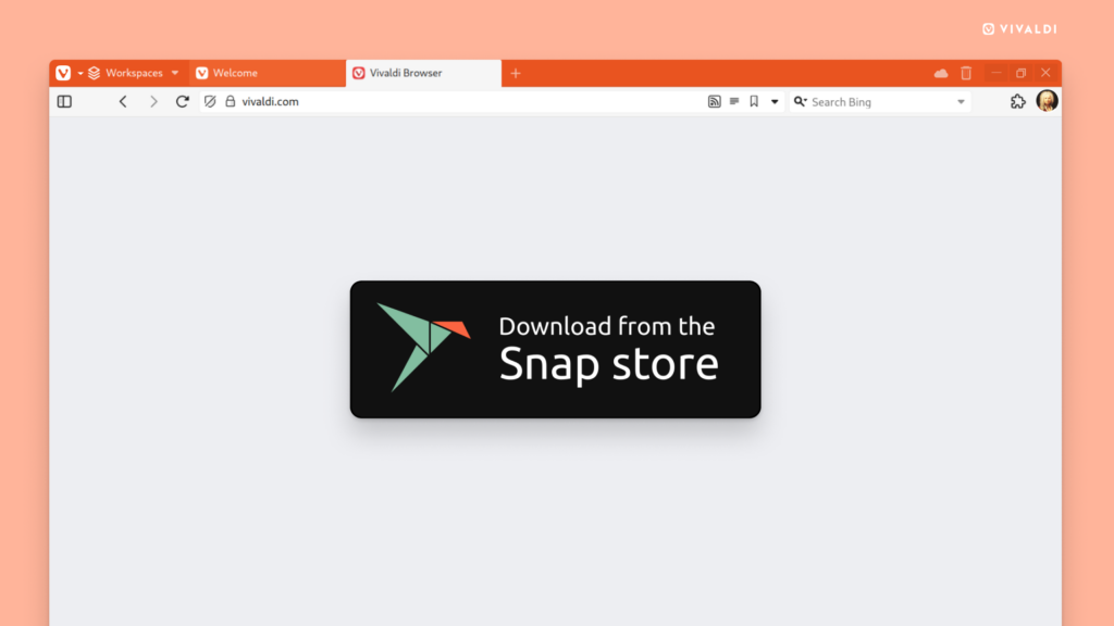 Vivaldi browser window with a "Download from the Snap store" button in the foreground.