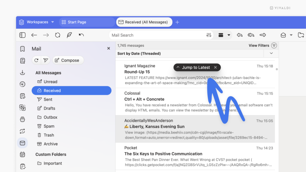 Vivaldi Mail open on the list of emails. 
An arrow is pointing at the "Jump to Latest" button.