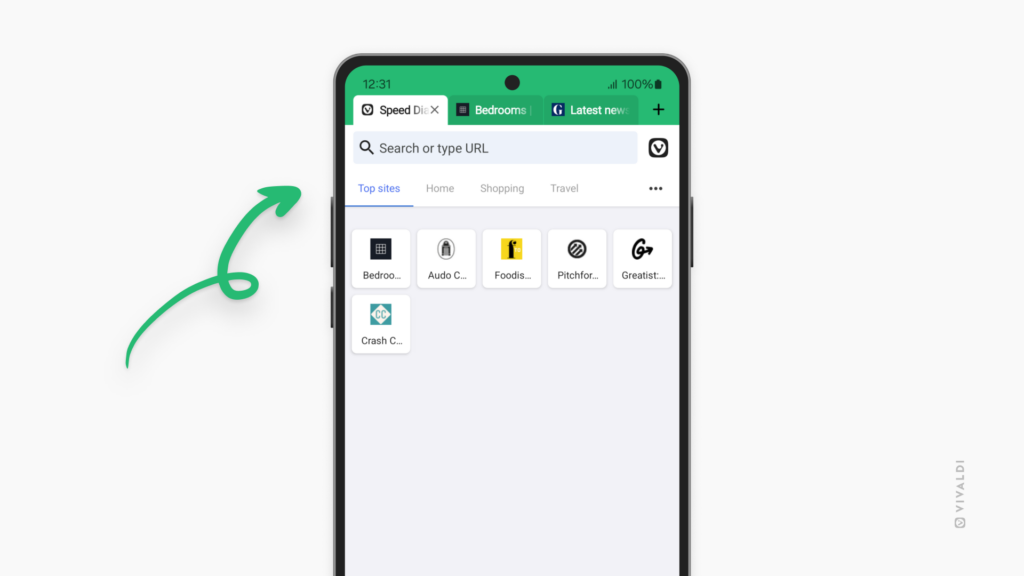 Vivaldi on Android showing Top Sites on the Start Page.