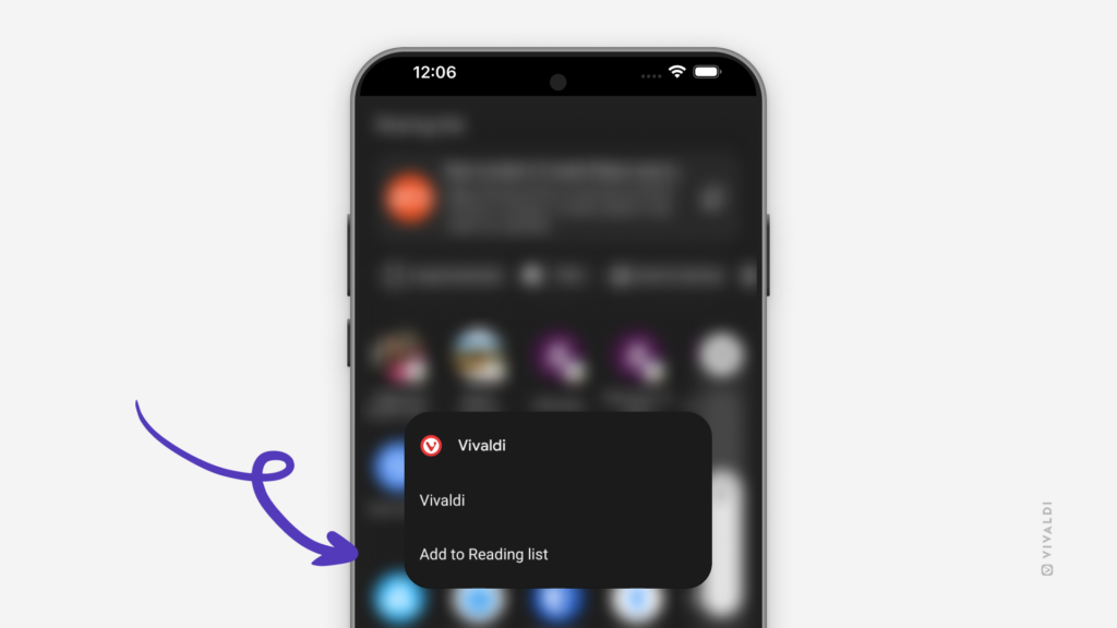 Vivaldi on Android with a dialog that has two options - open in Vivaldi and add to Reading List. 