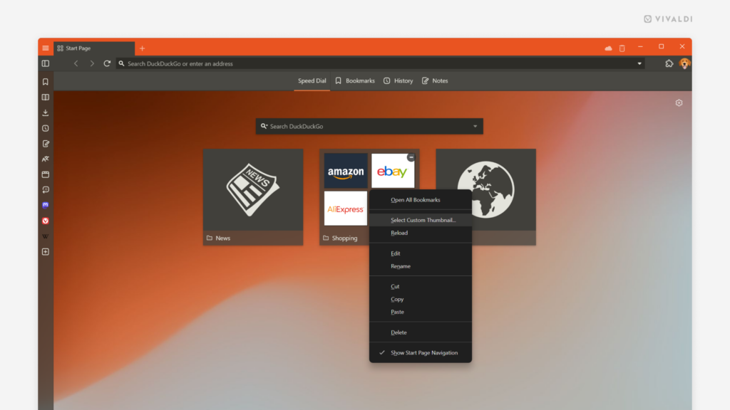 Vivaldi Browser window open on a Start Page. Bookmark folder's context menu is open to show the "Select Custom Thumbnail" option.