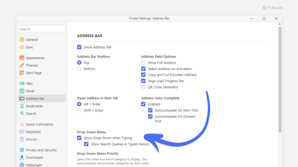 Address Bar Settings. An arrow is pointing at the "Show Drop-Down when Typing" setting.