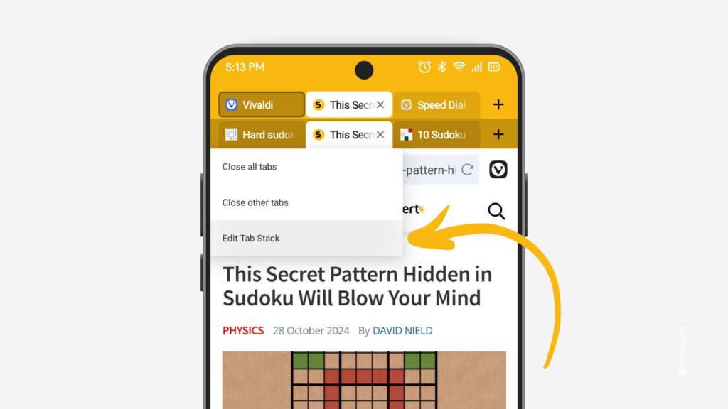 Tab Stack's context menu open in Vivaldi on Android. An arrow is pointing at the "Edit Tab Stack" menu option.