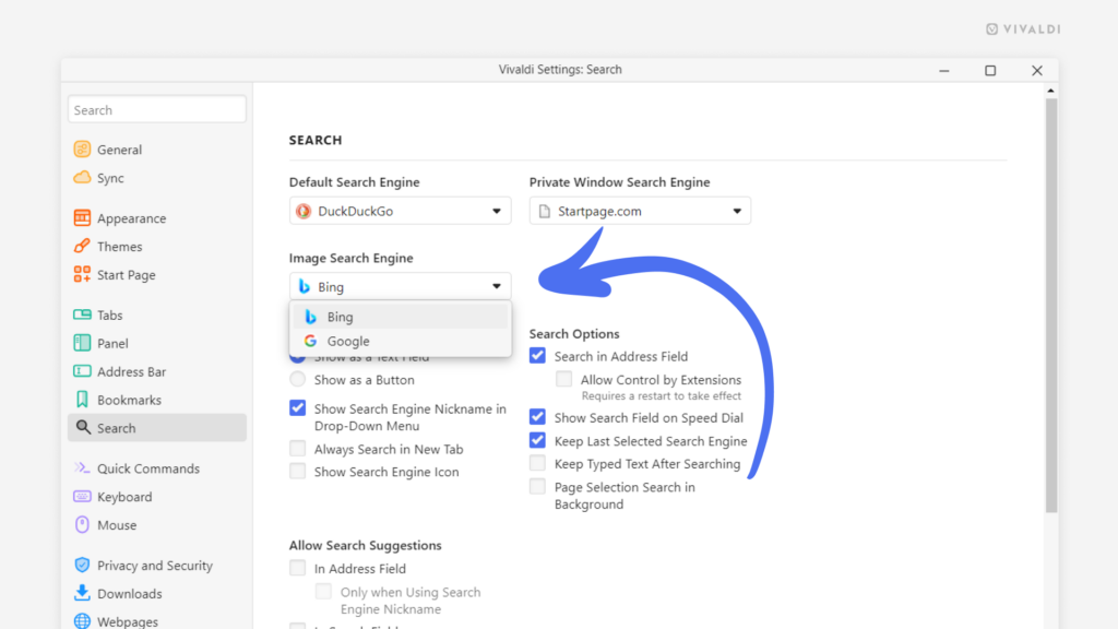 Vivaldi Search Settings with an arrow pointing at Image Search Engine setting.