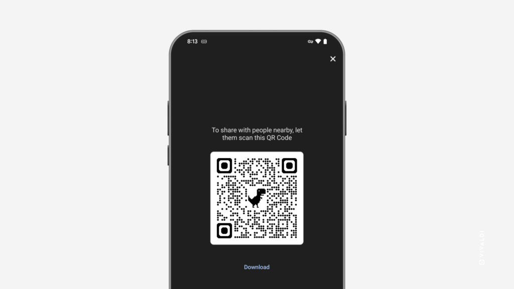 スマートフォンで vivaldi.com にリンクする QR コードが表示されている