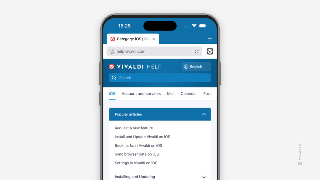 Vivaldi Help website open on an iPhone.