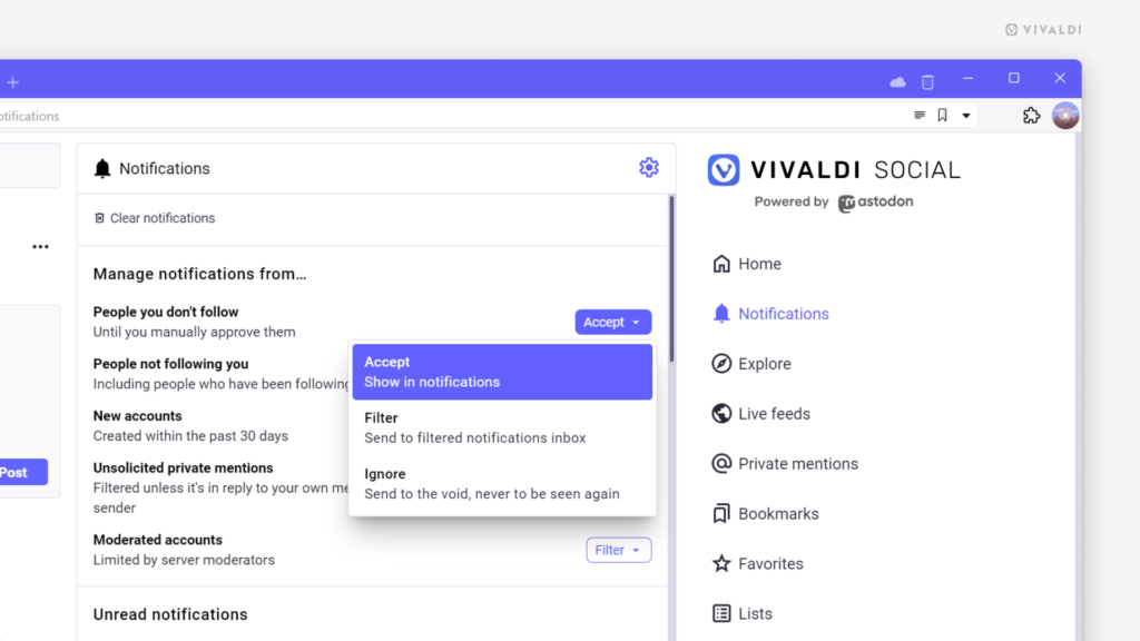 Notification settings in Vivaldi Social.