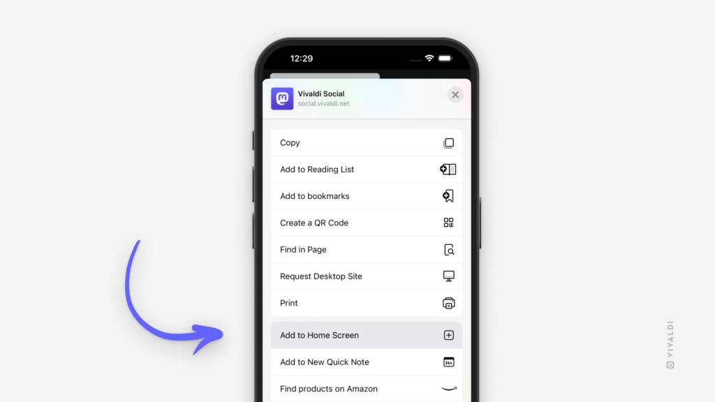Vivaldi on iOS with the Share menu open. An arrow is pointing at the "Add to Home Screen" option in the menu. 