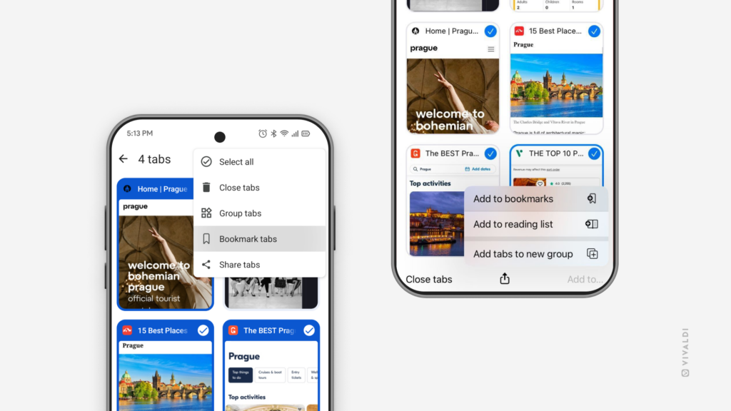 Multiple tabs being bookmarked on mobile versions of Vivaldi. Vivaldi on Android is on the left and Vivaldi on iOS on the right.