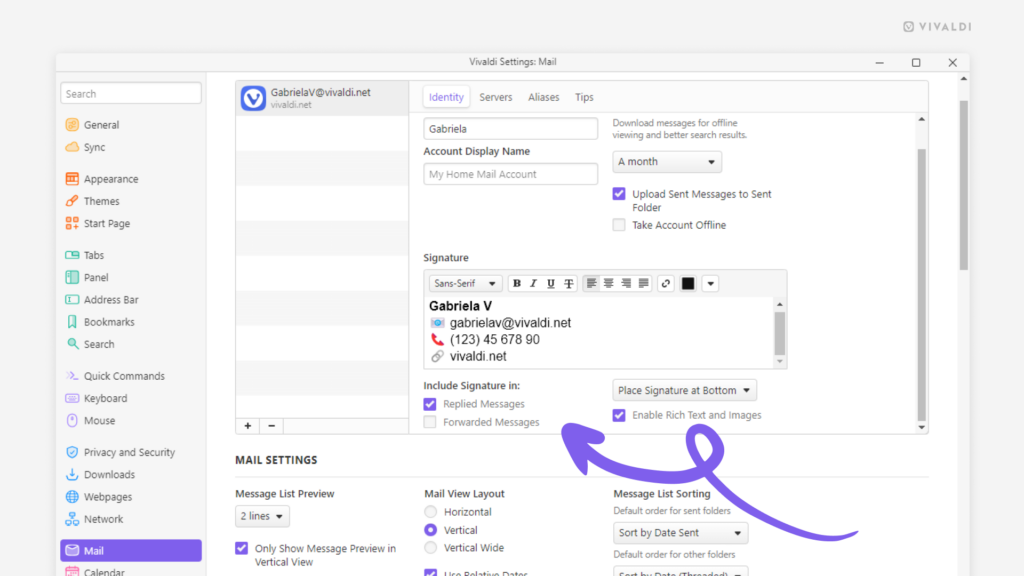 Mail account settings in Vivaldi. An arrow is pointing at the two signature options for including the signature in replied and forwarded emails.
