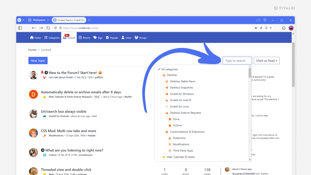 Vivaldi Forum's Unread page with the category filtering menu open.