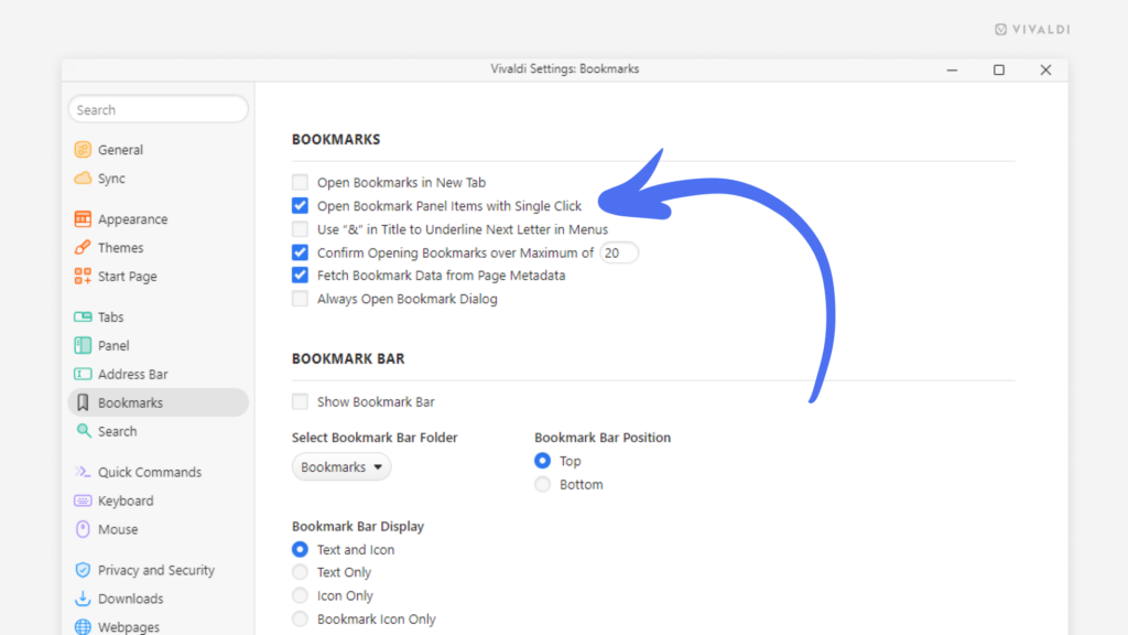Bookmark Settings in Vivaldi.
Arrow is pointing at the "Open Bookmark Panel Item with Single Click" setting.